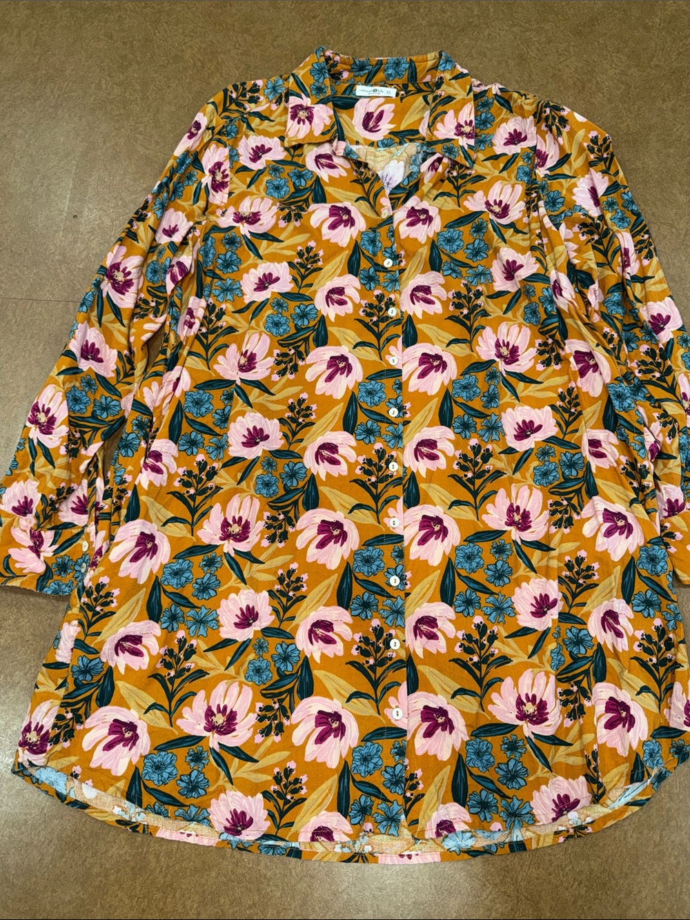 NATURAL LIFE Mustard Floral Button-Up Shirt or Dress with Teal & Pink Accents
